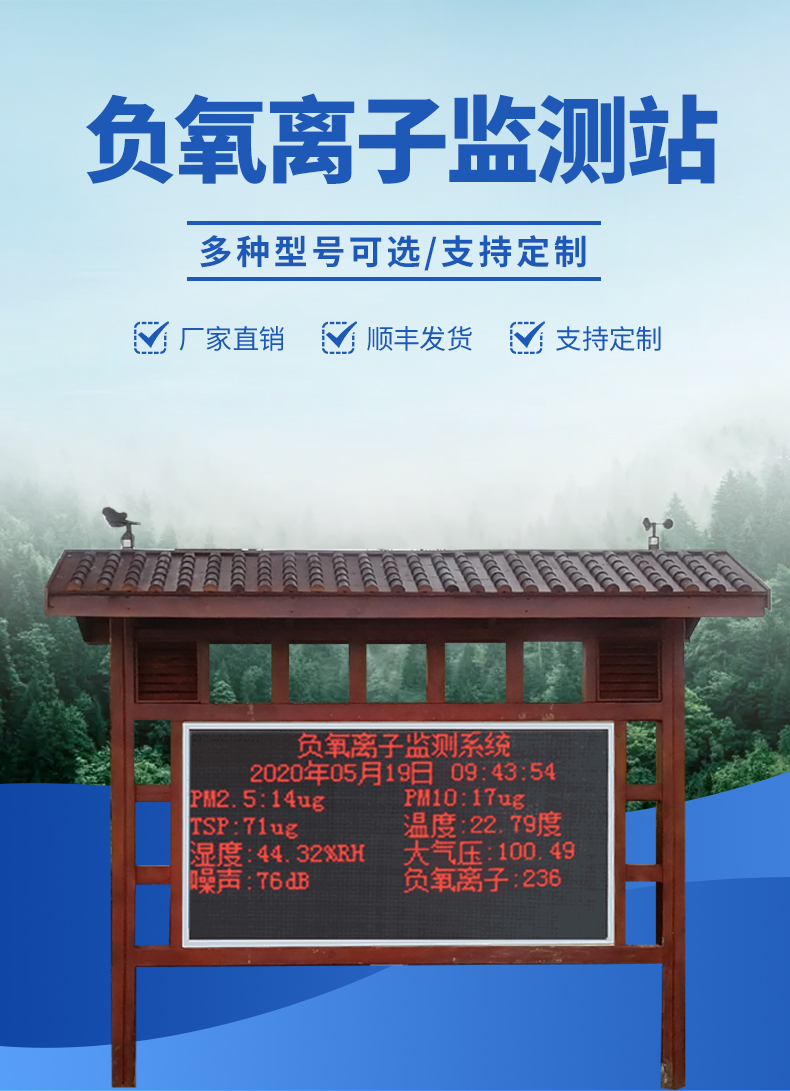 景區(qū)大屏負(fù)氧離子監(jiān)測站-實時顯示監(jiān)測數(shù)據(jù)，將負(fù)氧離子可視化